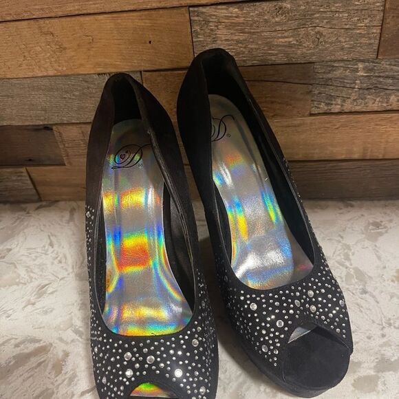 Y2K VTG D Women Black Sparkly Wedges Size 9 Rhinestone Winter Formal Prom Shoes - Picture 2 of 5